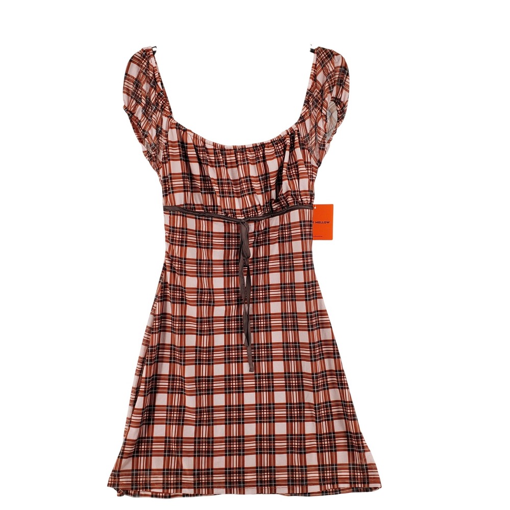 Cherry Mellow Small Plaid Empire Waist Mini Dress Rust Orange‎ Cap Sleeve New